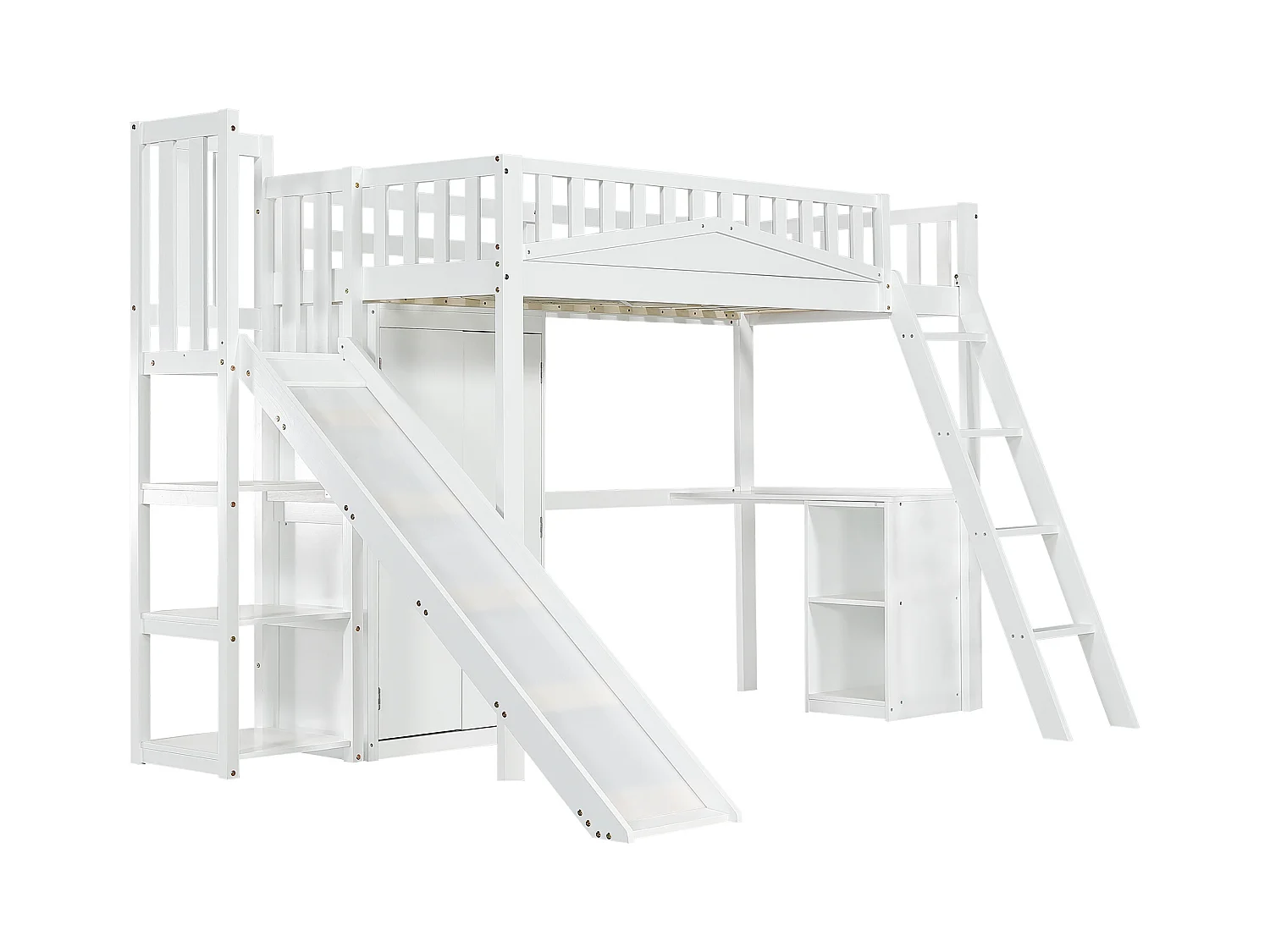 Lit mezzanine, 90 x 200 cm, superposé, avec table et armoire, avec échelle, blanc