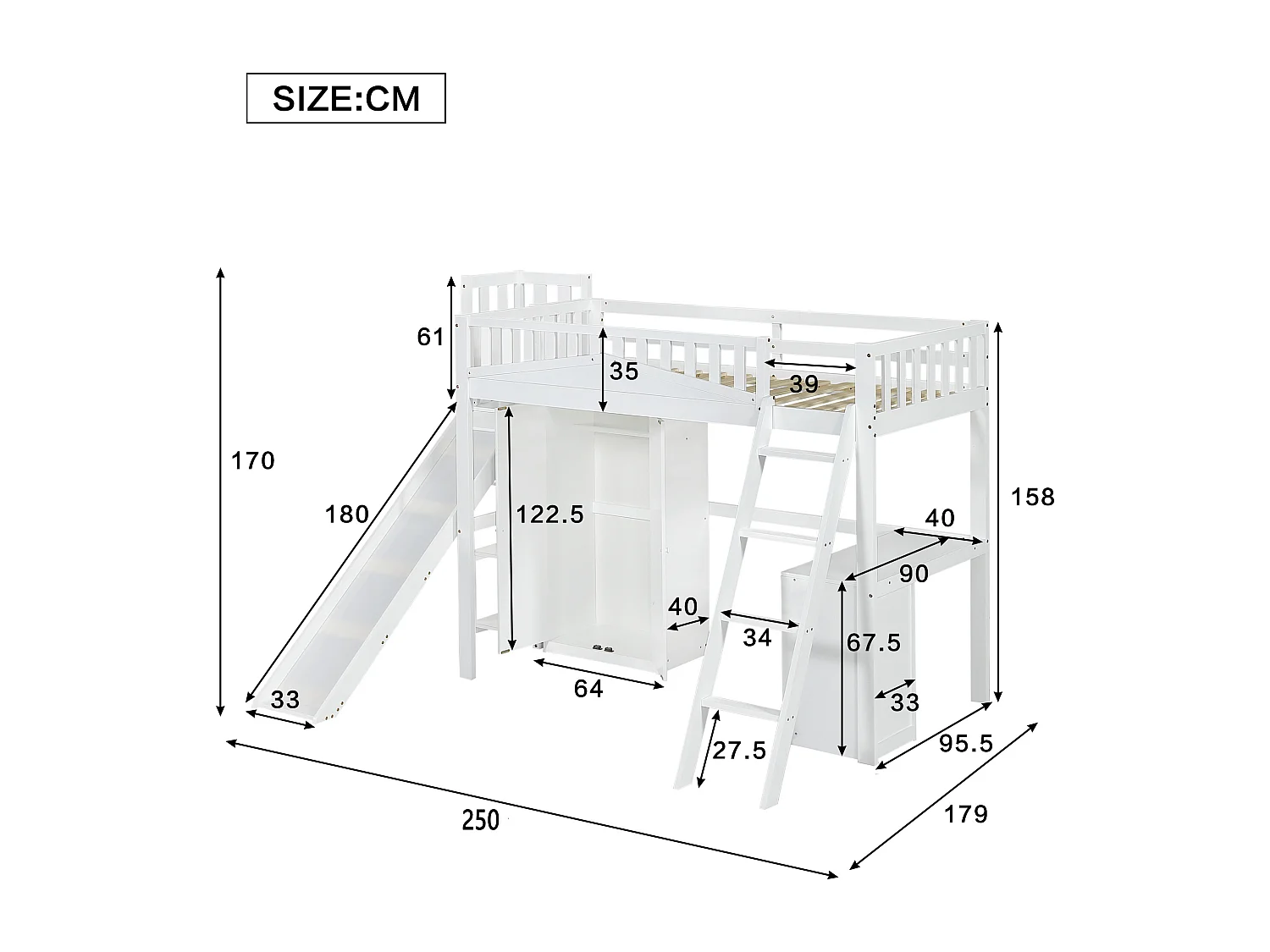 Lit mezzanine, 90 x 200 cm, superposé, avec table et armoire, avec échelle, blanc