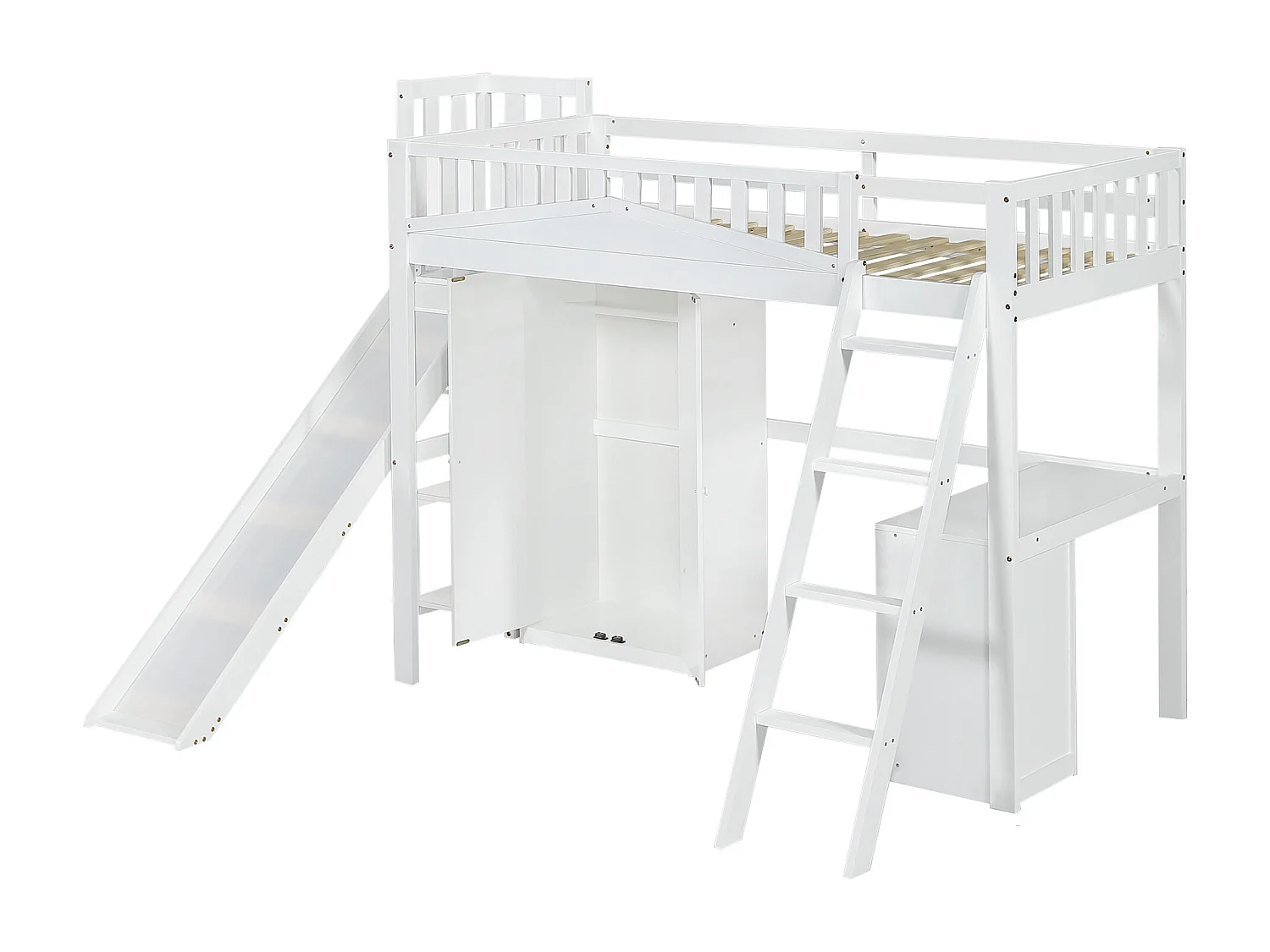 Lit mezzanine, 90 x 200 cm, superposé, avec table et armoire, avec échelle, blanc