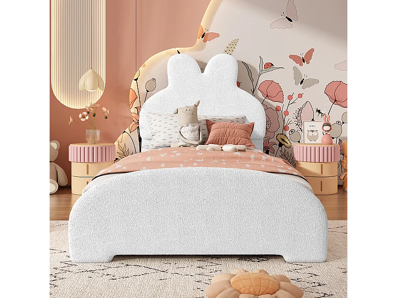 Cama tapizada, 90x200 cm, cabecero orejas de conejo, somier de láminas, color blanco