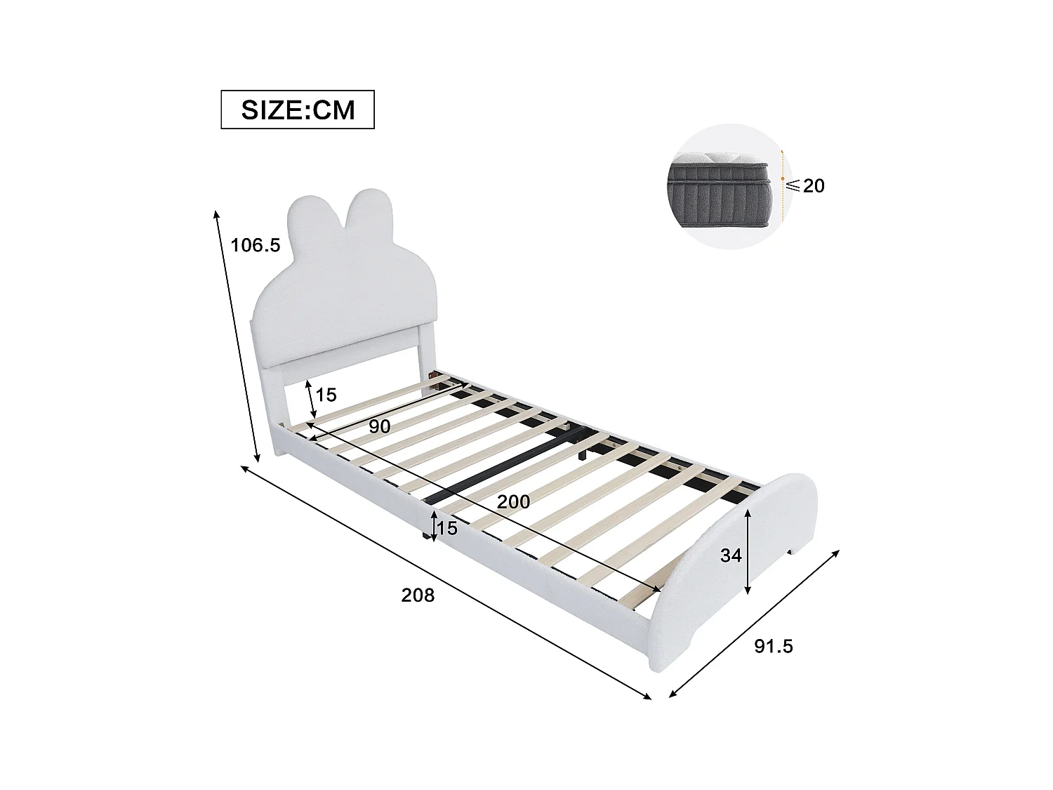 Cama tapizada, 90x200 cm, cabecero orejas de conejo, somier de láminas, color blanco