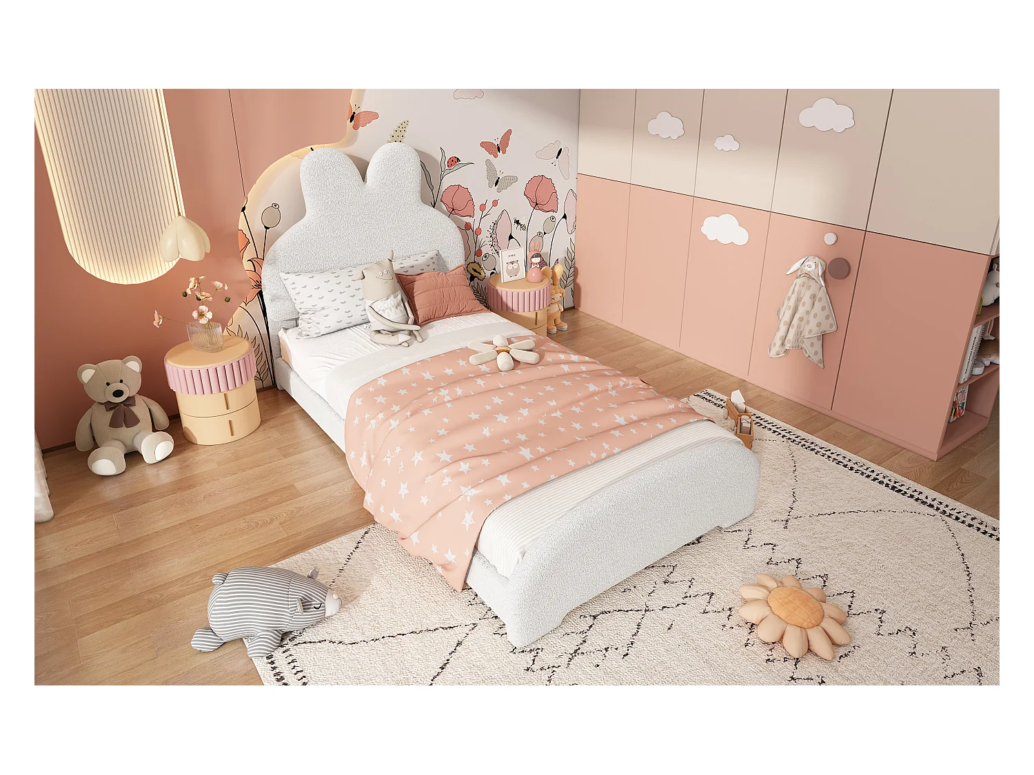 Cama tapizada, 90x200 cm, cabecero orejas de conejo, somier de láminas, color blanco