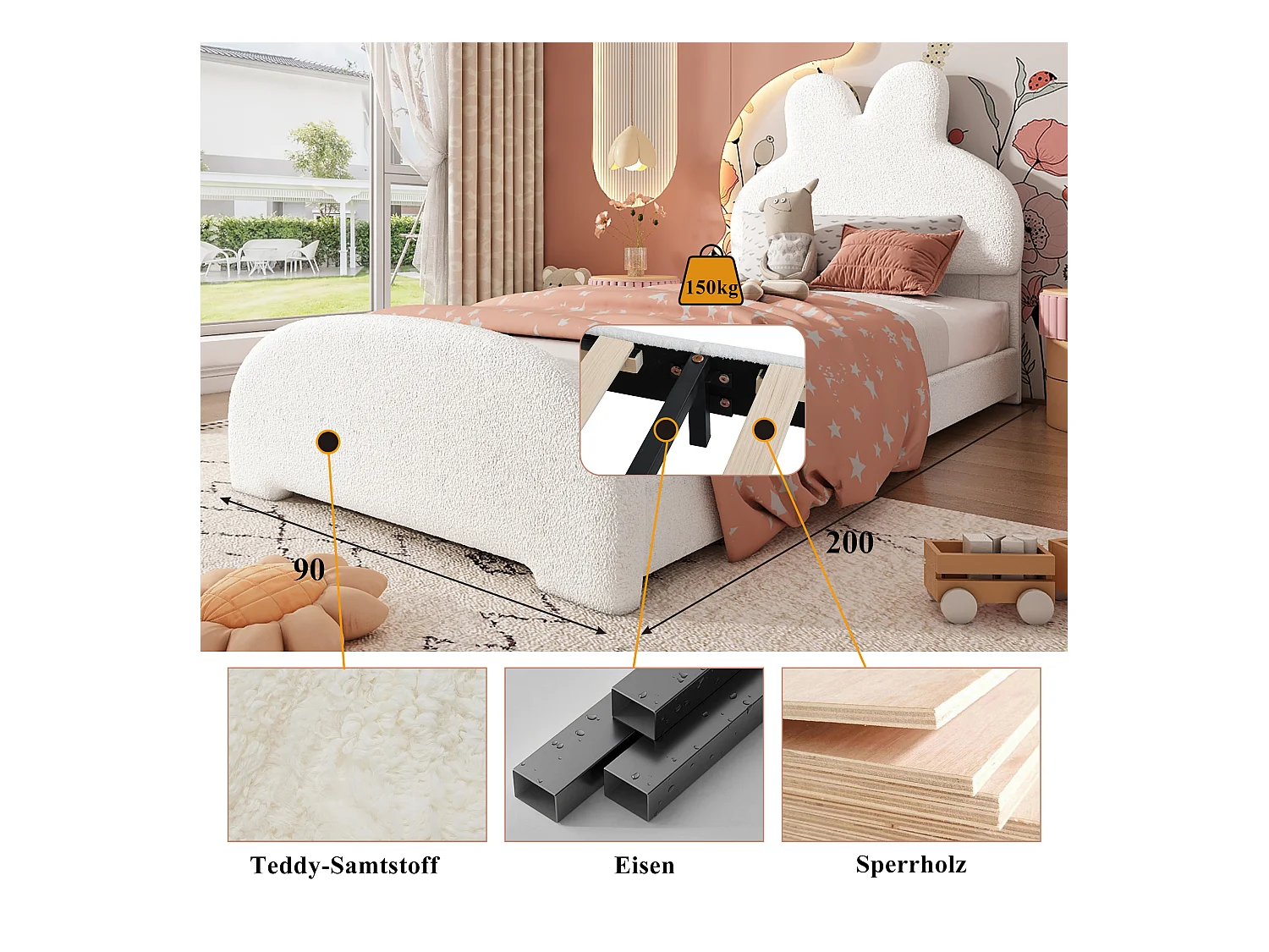 Cama tapizada, 90x200 cm, cabecero orejas de conejo, somier de láminas, color blanco