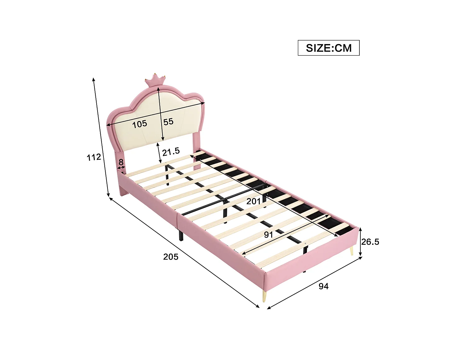 Cama estofada 90x200, estrutura de cama de plataforma com base de ripas de madeira, PU, branco e rosa