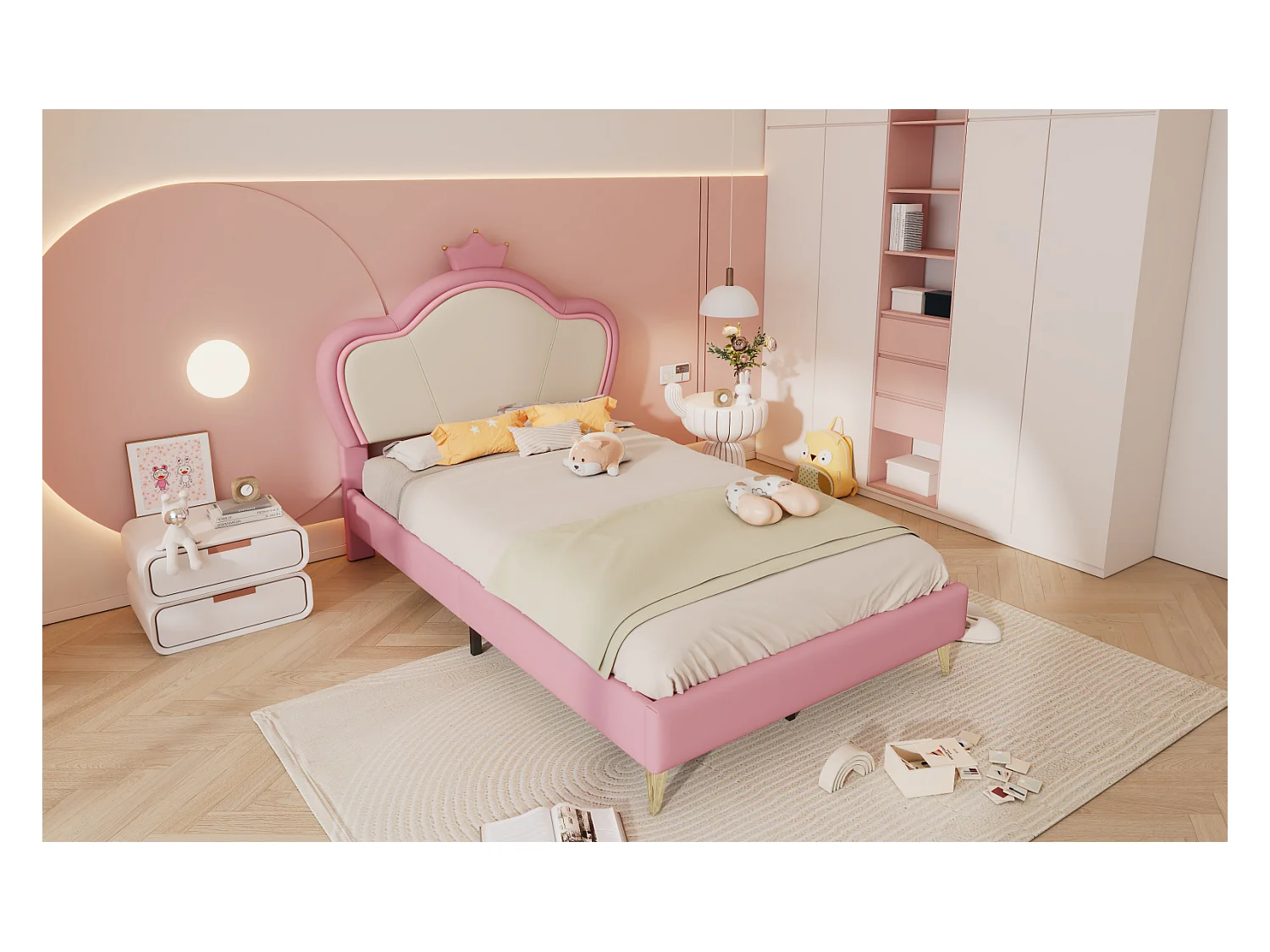 Cama estofada 90x200, estrutura de cama de plataforma com base de ripas de madeira, PU, branco e rosa