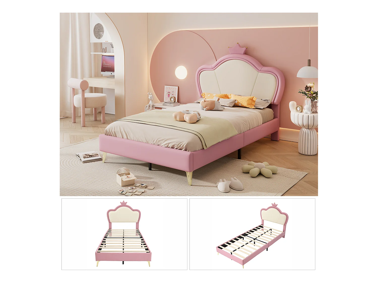 Cama estofada 90x200, estrutura de cama de plataforma com base de ripas de madeira, PU, branco e rosa