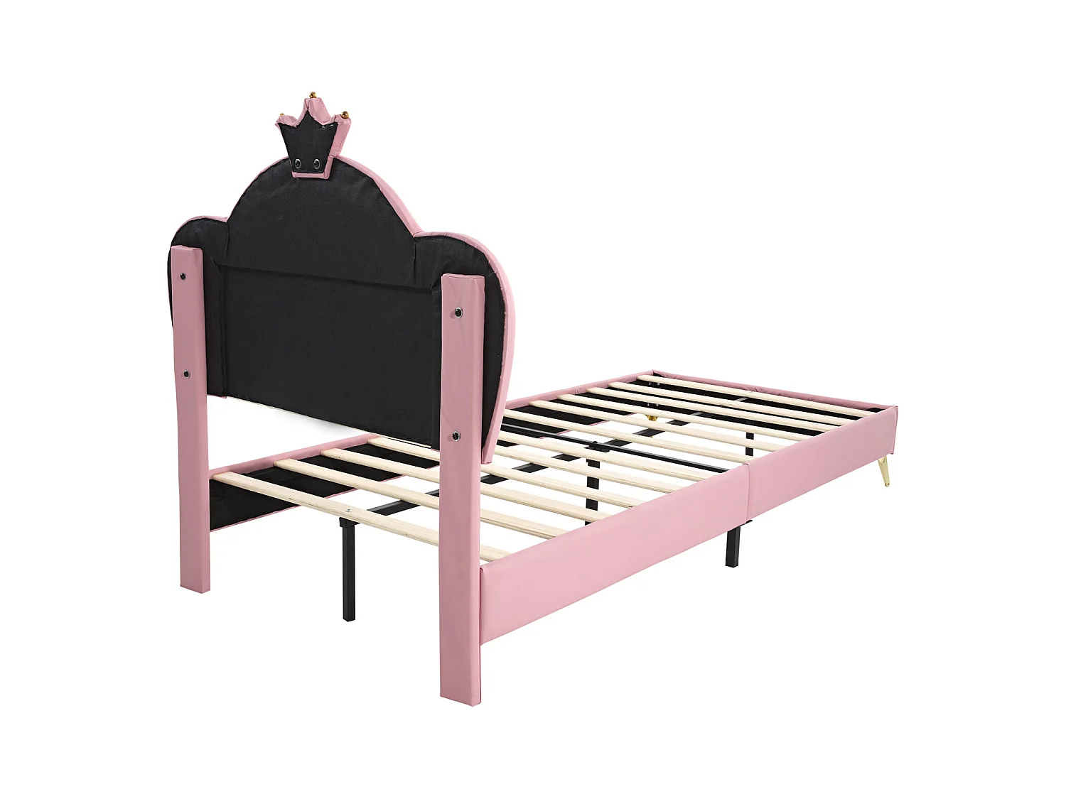 Cama estofada 90x200, estrutura de cama de plataforma com base de ripas de madeira, PU, branco e rosa