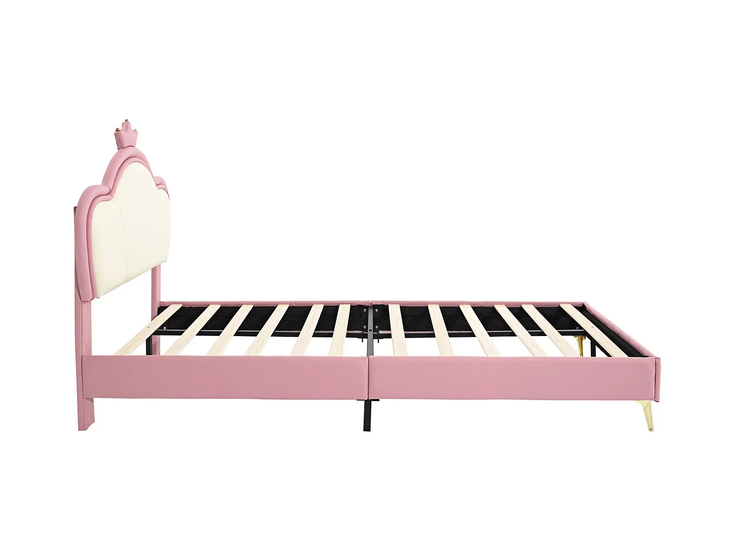 Cama estofada 90x200, estrutura de cama de plataforma com base de ripas de madeira, PU, branco e rosa