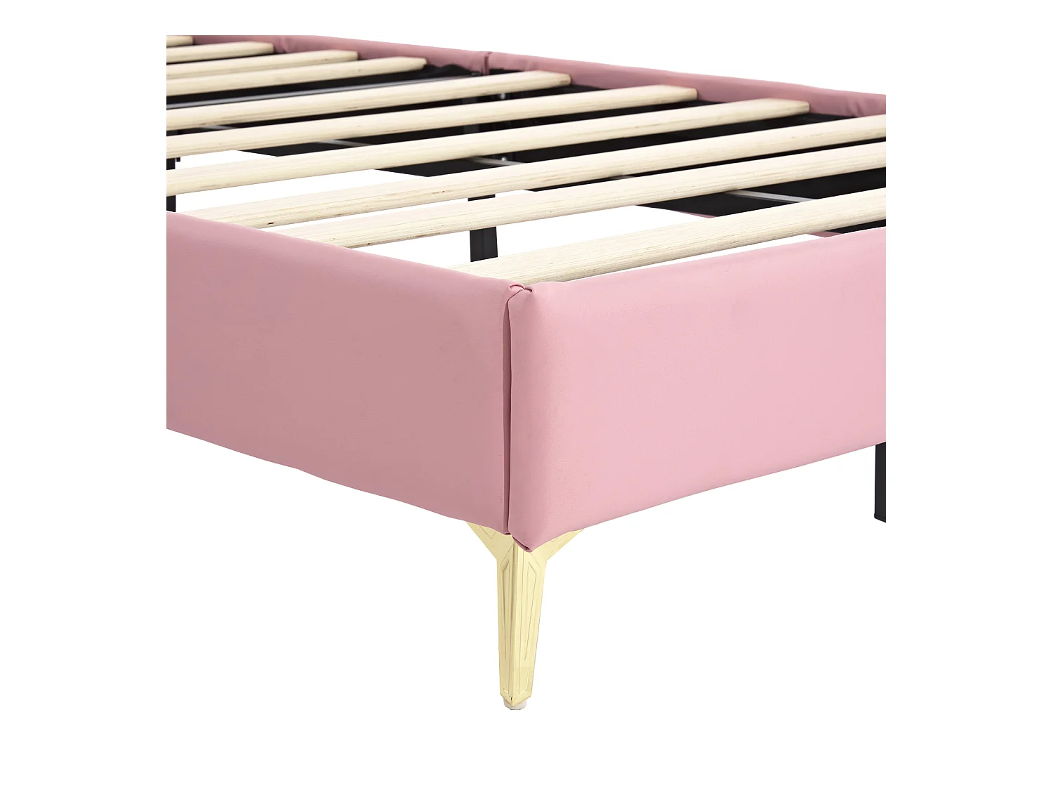 Cama estofada 90x200, estrutura de cama de plataforma com base de ripas de madeira, PU, branco e rosa