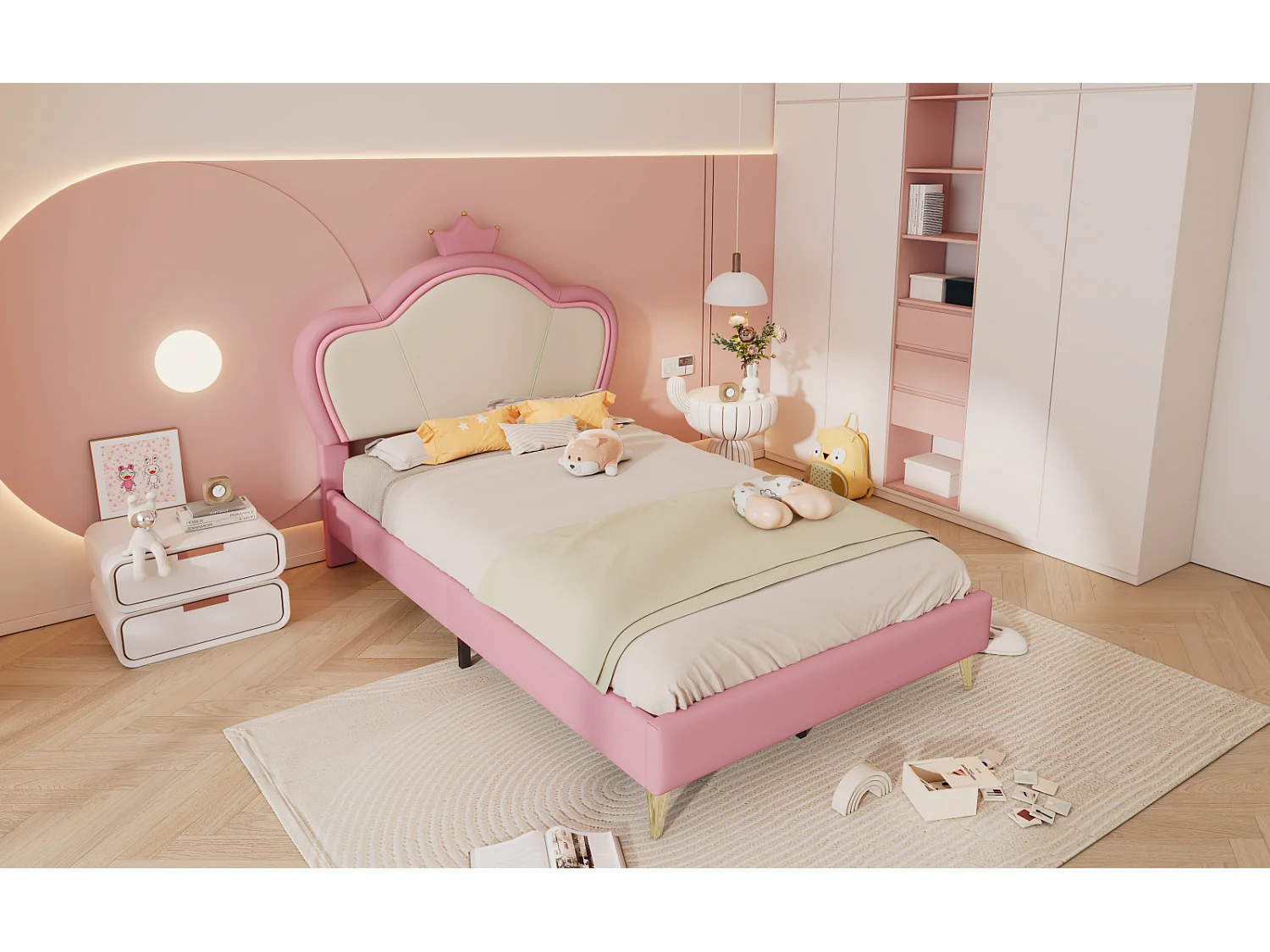 Cama tapizada de 90x200 cm con base de láminas de madera, poliuretano, color blanco y rosa.