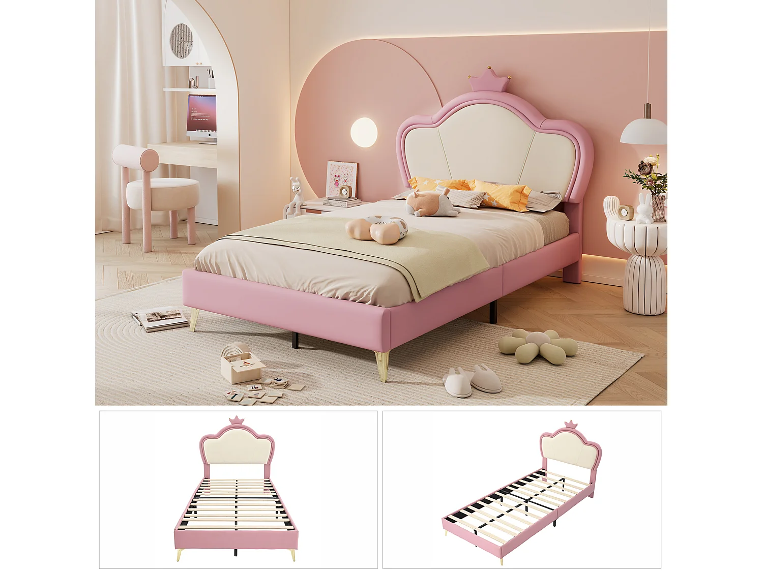 Cama tapizada de 90x200 cm con base de láminas de madera, poliuretano, color blanco y rosa.