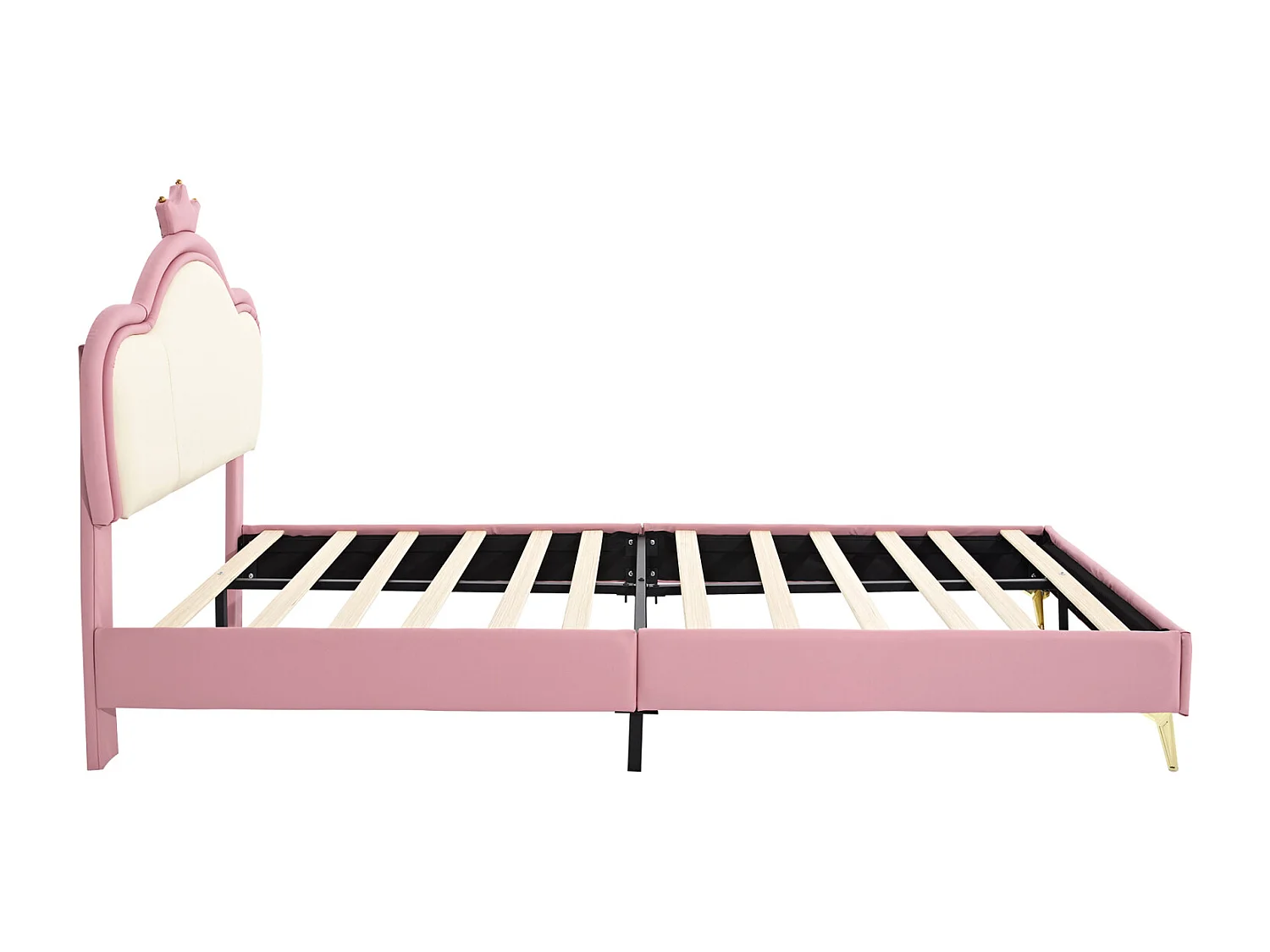 Cama tapizada de 90x200 cm con base de láminas de madera, poliuretano, color blanco y rosa.