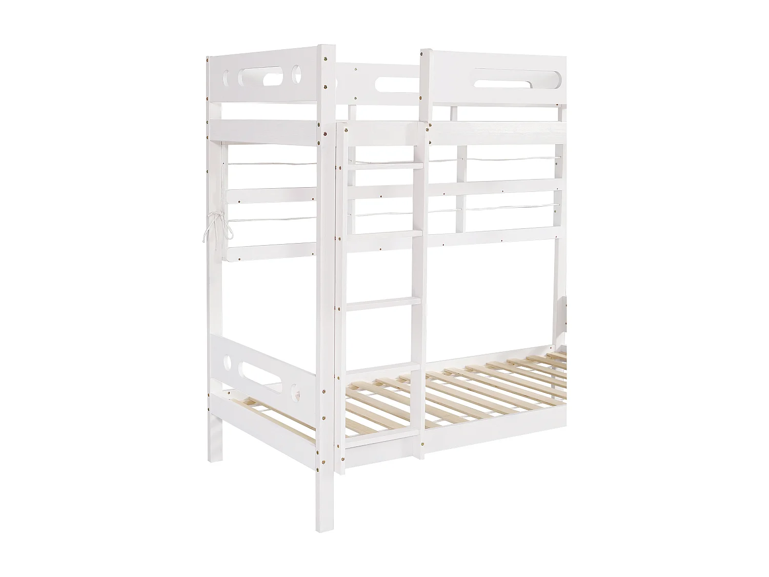 Beliche de 90x200 cm, com 2 gavetas, cama de casal em pinho com escada e estrado de ripas, branca.