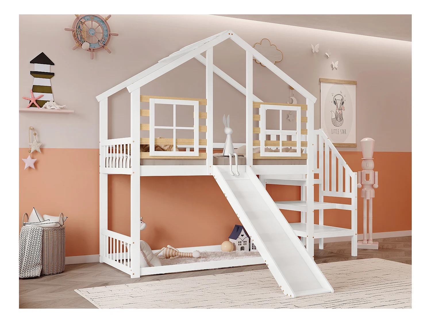 Lit Superposé Enfant 90X200 cm, Avec Escalier Et Barrières, Avec Toboggan Et Fenêtre , Blanc