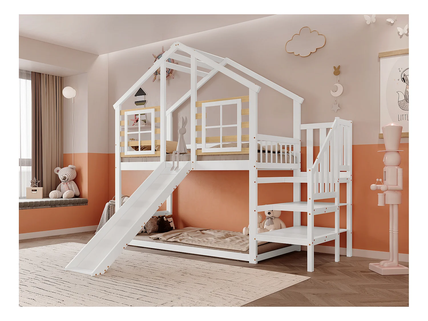 Lit Superposé Enfant 90X200 cm, Avec Escalier Et Barrières, Avec Toboggan Et Fenêtre , Blanc