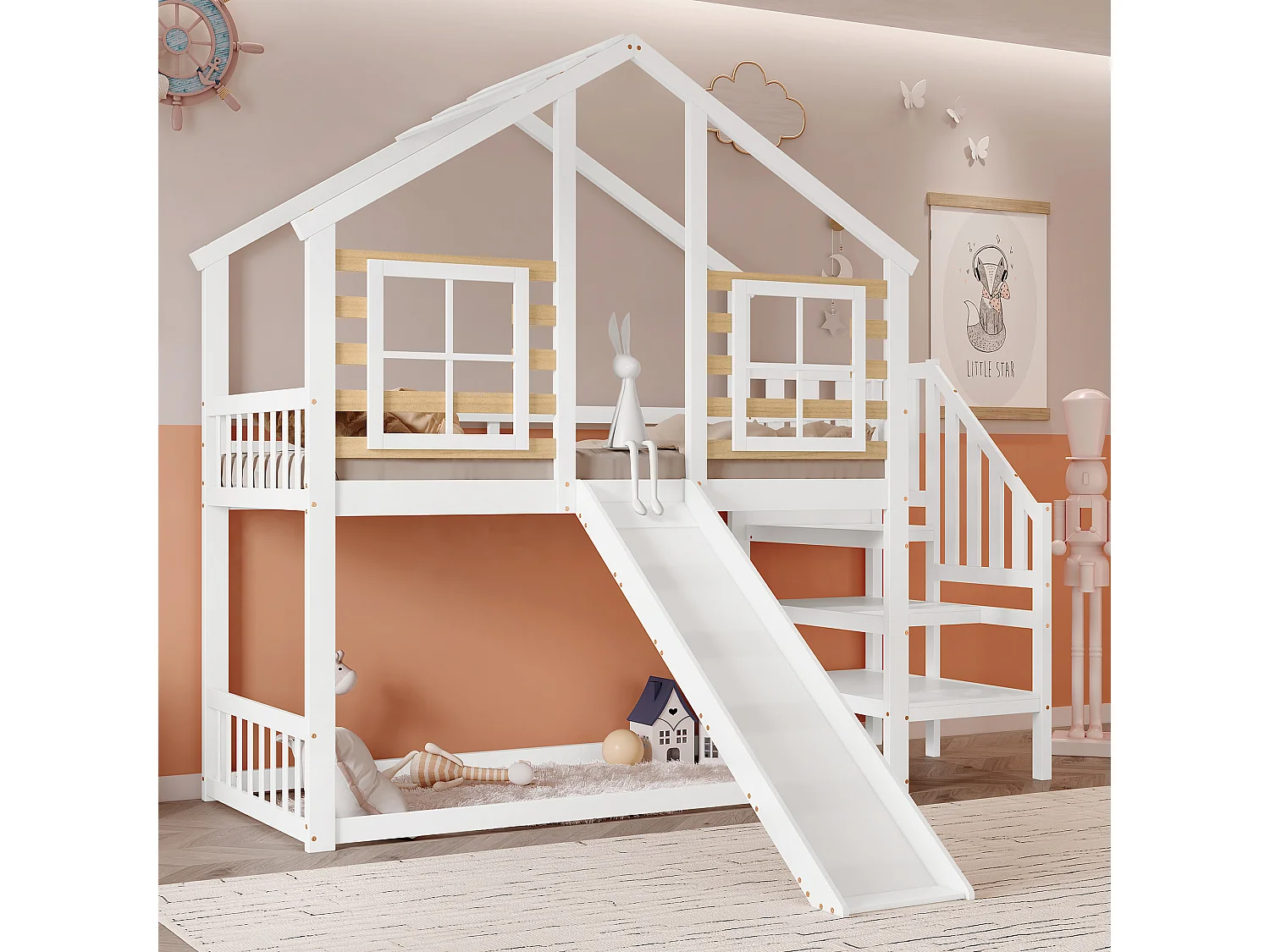 Letto a castello per bambini 90X200 cm, con scale e ringhiere, con scivolo e finestra, bianco