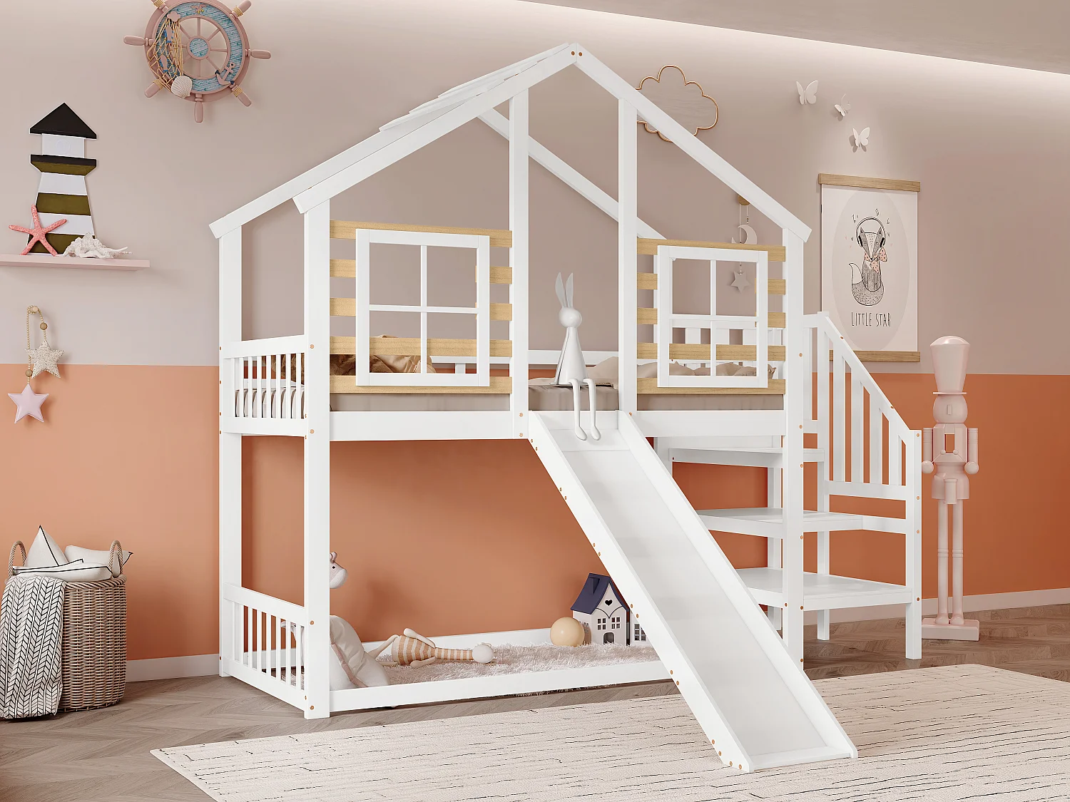 Letto a castello per bambini 90X200 cm, con scale e ringhiere, con scivolo e finestra, bianco