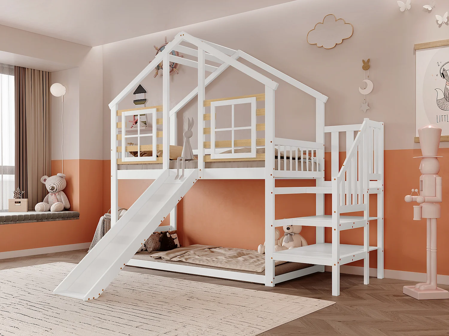 Letto a castello per bambini 90X200 cm, con scale e ringhiere, con scivolo e finestra, bianco