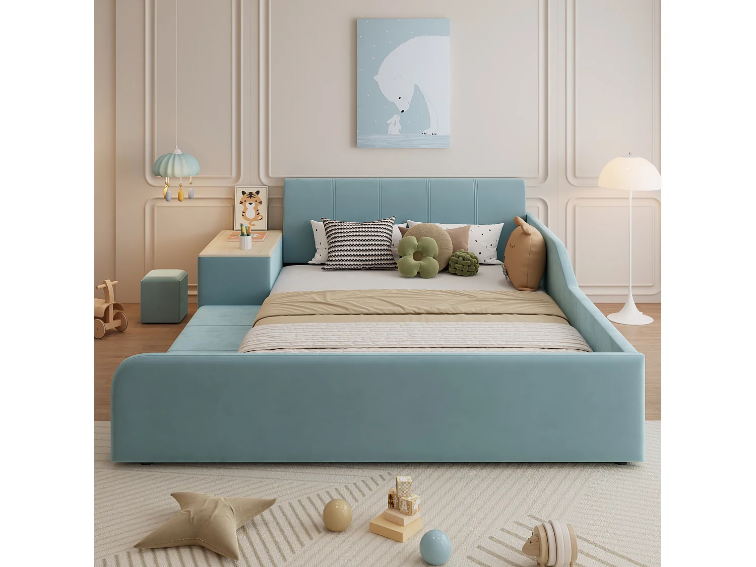 Lit capitonné, 90 x 200 cm, bureau pour enfant, tabouret et tablette de rangement, velours, bleu