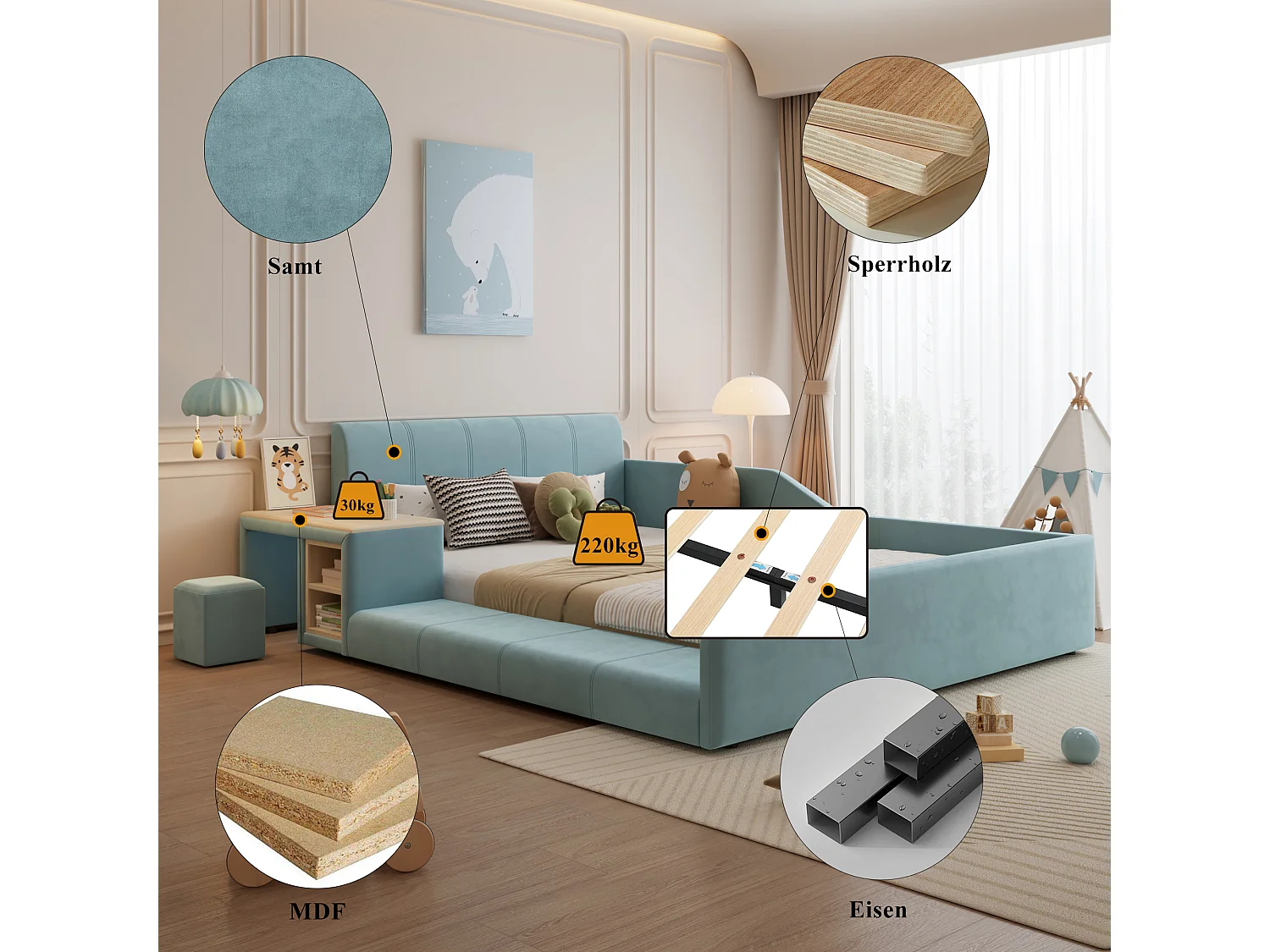 Lit capitonné, 90 x 200 cm, bureau pour enfant, tabouret et tablette de rangement, velours, bleu