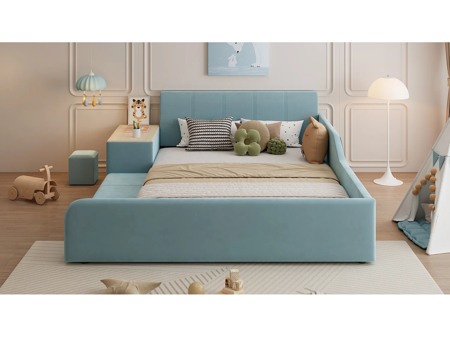Lit capitonné, 90 x 200 cm, bureau pour enfant, tabouret et tablette de rangement, velours, bleu