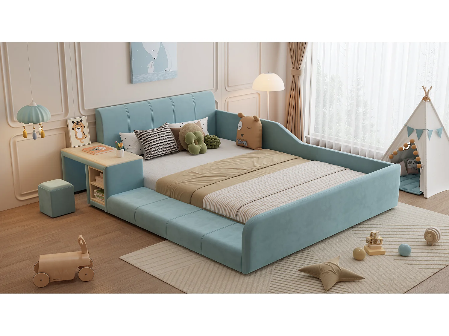 Lit capitonné, 90 x 200 cm, bureau pour enfant, tabouret et tablette de rangement, velours, bleu