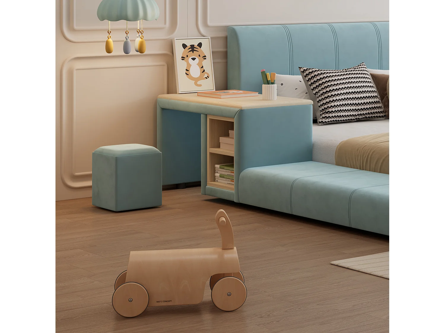 Lit capitonné, 90 x 200 cm, bureau pour enfant, tabouret et tablette de rangement, velours, bleu