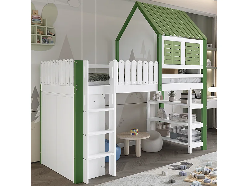 Lit mezzanine avec armoire et étagère, 90 x 200 cm, lit d'enfant avec sommier à lattes, Blanc