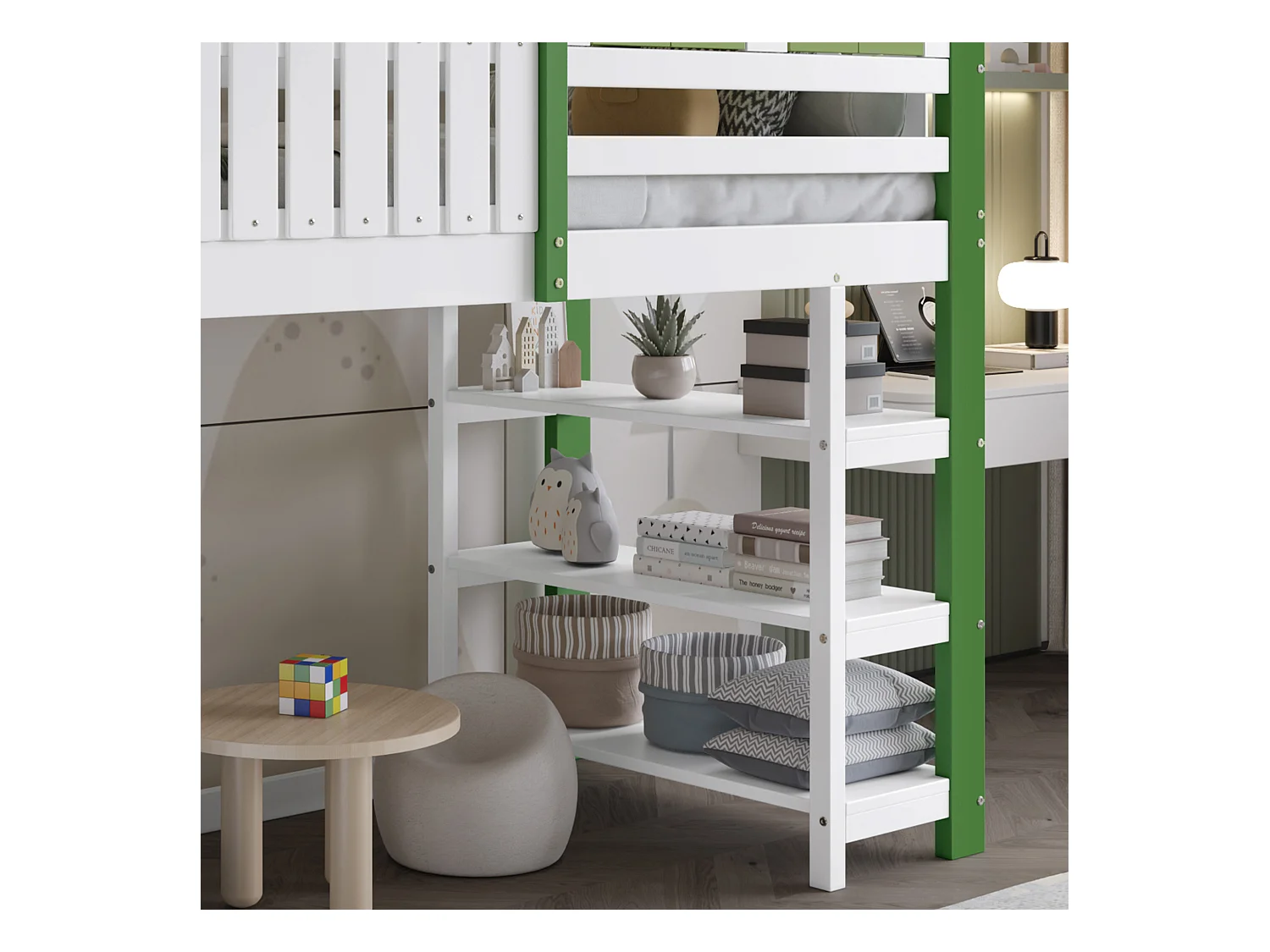 Lit mezzanine avec armoire et étagère, 90 x 200 cm, lit d'enfant avec sommier à lattes, Blanc