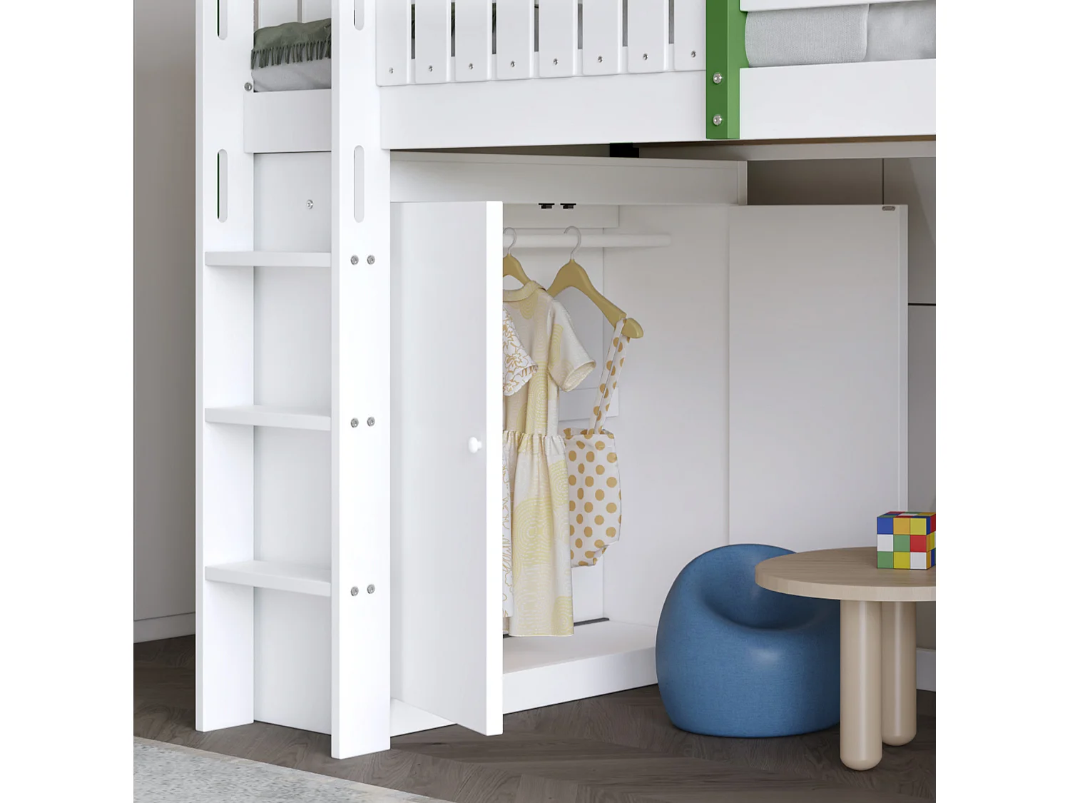 Cama alta com guarda-roupa e prateleira, 90 x 200 cm, cama infantil com estrado de ripas, Branco