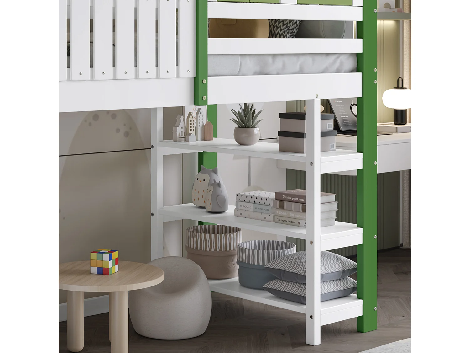 Cama alta con armario y estante, 90 x 200 cm, cama infantil con somier, color blanco