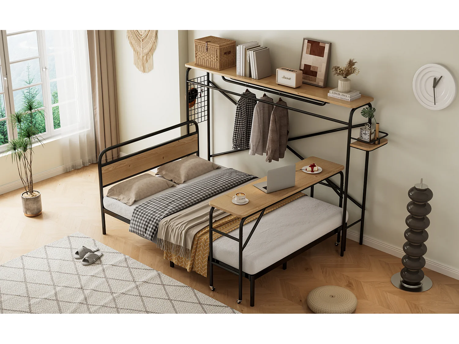 Bed 140x200 met lattenbodem, vlak bedframe met tafel en kapstok, tafel, zwart