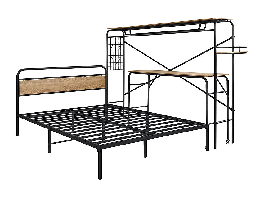 Bed 140x200 met lattenbodem, vlak bedframe met tafel en kapstok, tafel, zwart