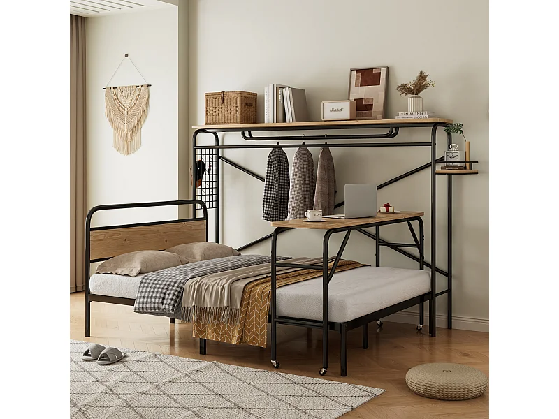 Bed 140x200 met lattenbodem, vlak bedframe met tafel en kapstok, tafel, zwart