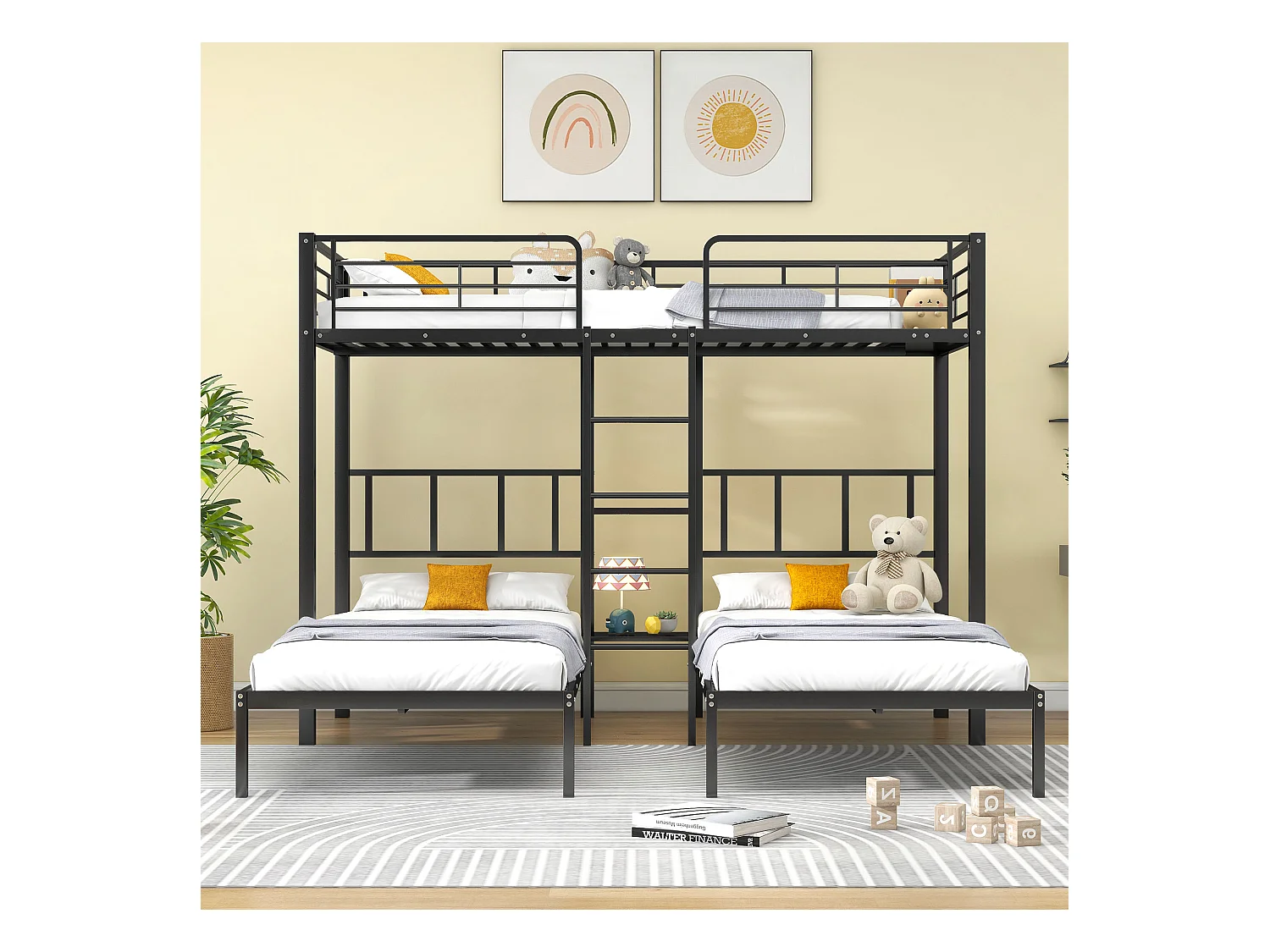 Kinderhut 90x200 een- en driepersoons stapelbed, met ladder, valbeveiliging, zwart