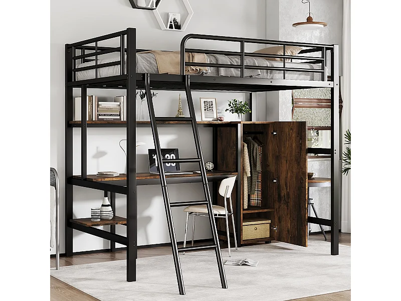 Cama Mezanino com Secretária e Guarda-Roupa 90x200 cm, com Arrumação, com Escada, Preta