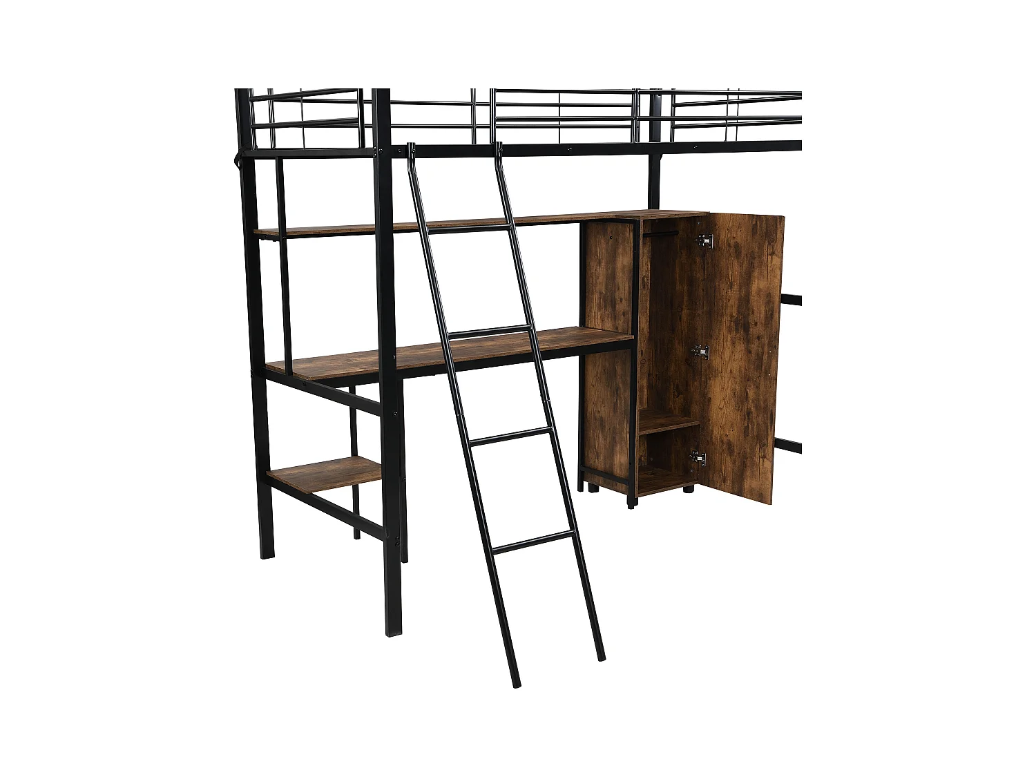 Cama alta con escritorio y armario de 90 x 200 cm, con espacio de almacenaje y escalera, color negro