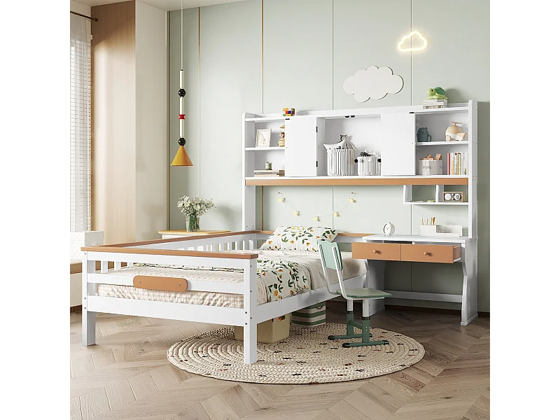 Cama infantil 90 x 200 cm, com proteção contra quedas, com estrado de ripas, com mesa, Branco