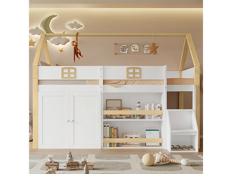 Lit mezzanine en bois 90 x 200 cm, avec clôtures anti-chute et sommier à lattes, avec échelle, blanc