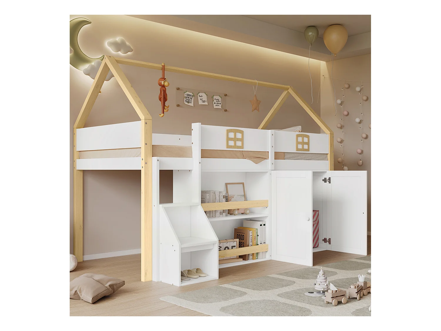 Cama alta de madera de 90 x 200 cm, con vallas anticaída y somier de láminas, con escalera, color blanco