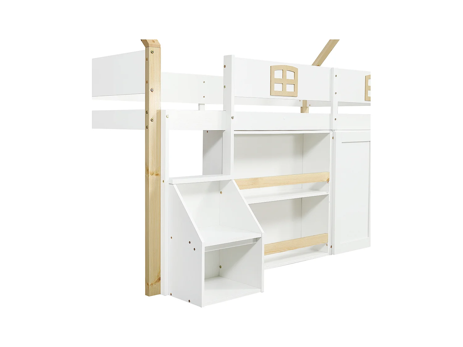 Cama alta de madera de 90 x 200 cm, con vallas anticaída y somier de láminas, con escalera, color blanco