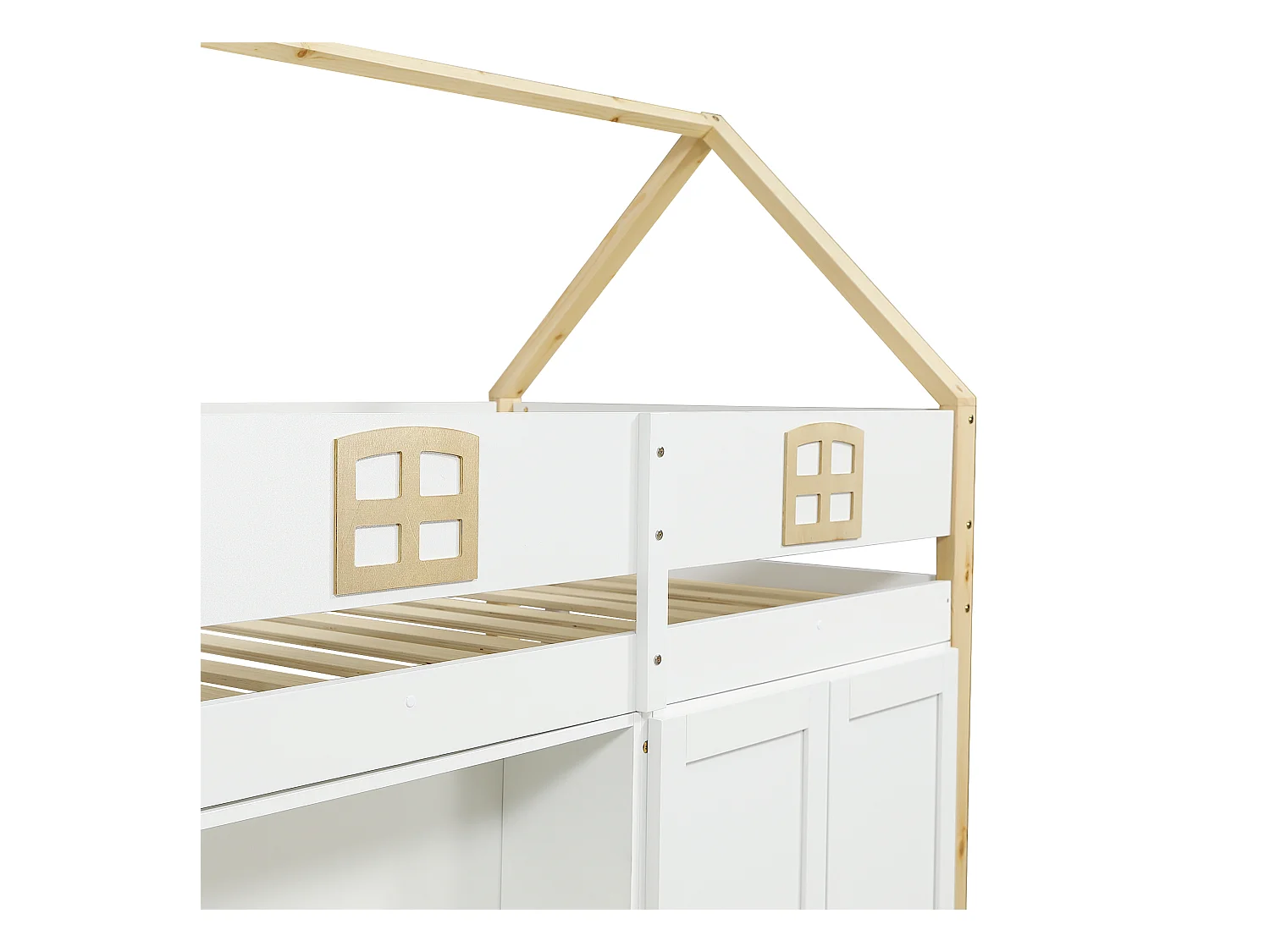 Cama alta de madera de 90 x 200 cm, con vallas anticaída y somier de láminas, con escalera, color blanco