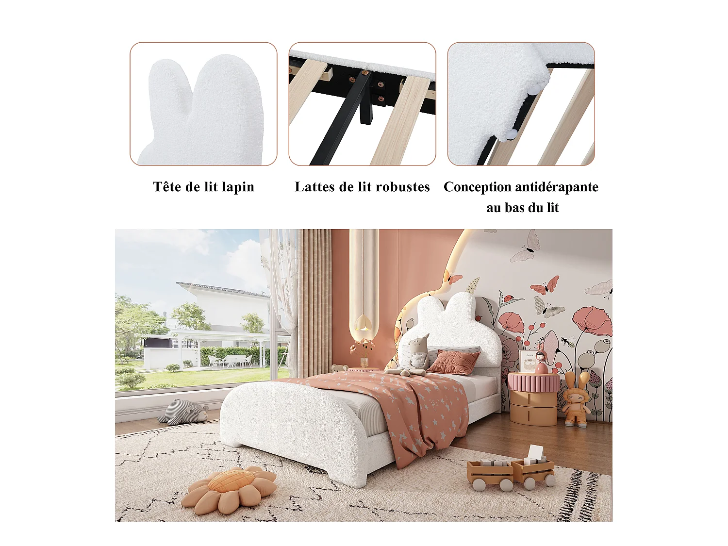 Cadre de lit simple en forme d'oreilles de lapin 90x200cm en velours blanc (sans matelas)