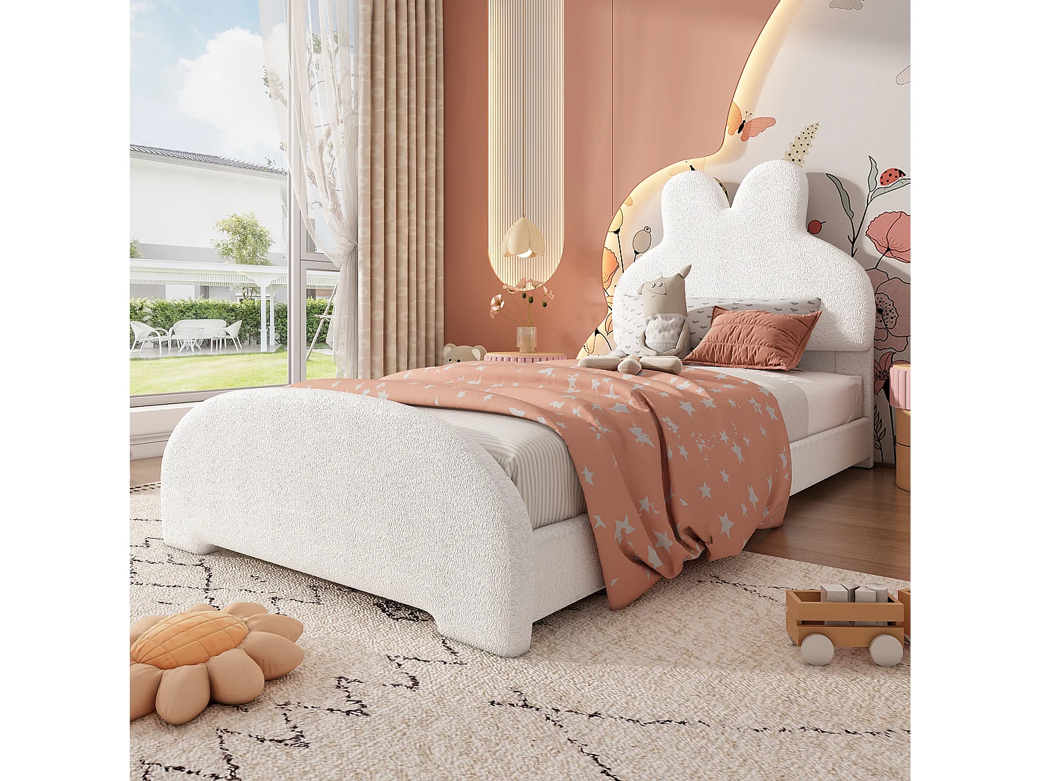Cadre de lit simple en forme d'oreilles de lapin 90x200cm en velours blanc (sans matelas)
