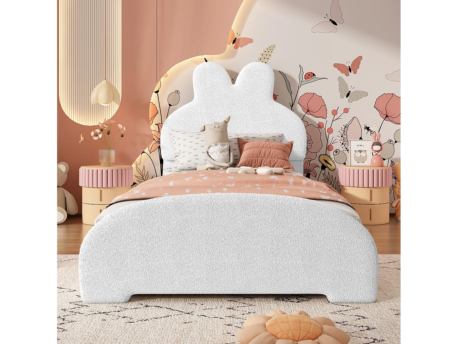 Cadre de lit simple en forme d'oreilles de lapin 90x200cm en velours blanc (sans matelas)