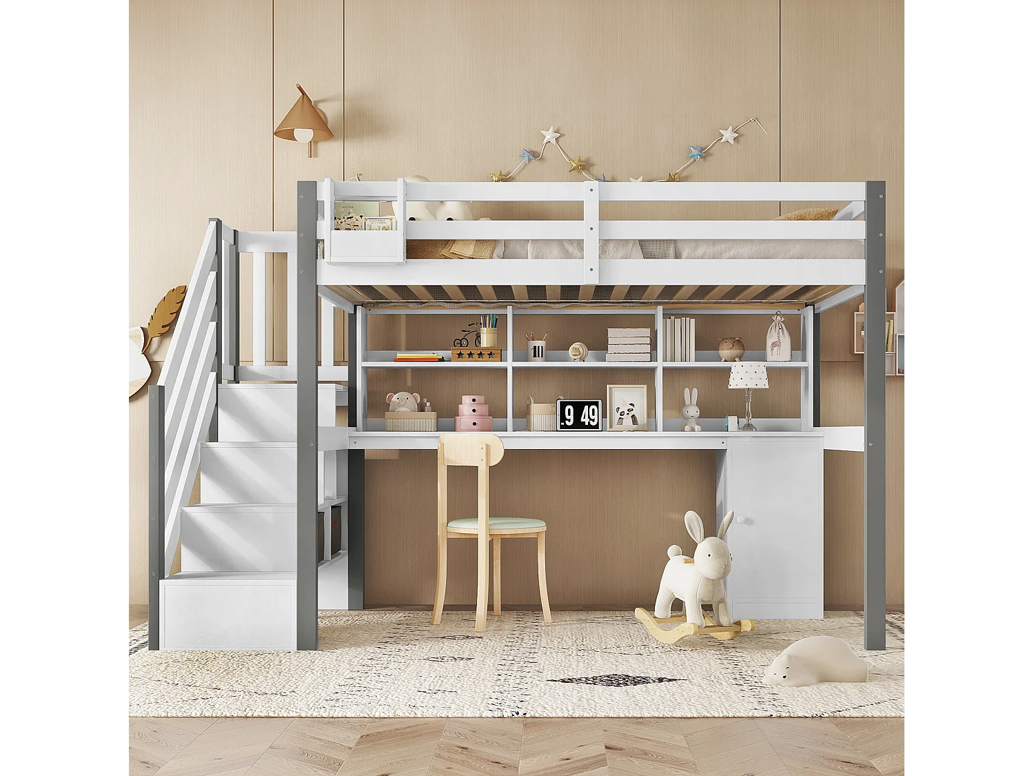 Lit Mezzanine Enfant 90x200 cm, Mezzanine escalier avec échelle latérale, étagère Ouverte, Blanc