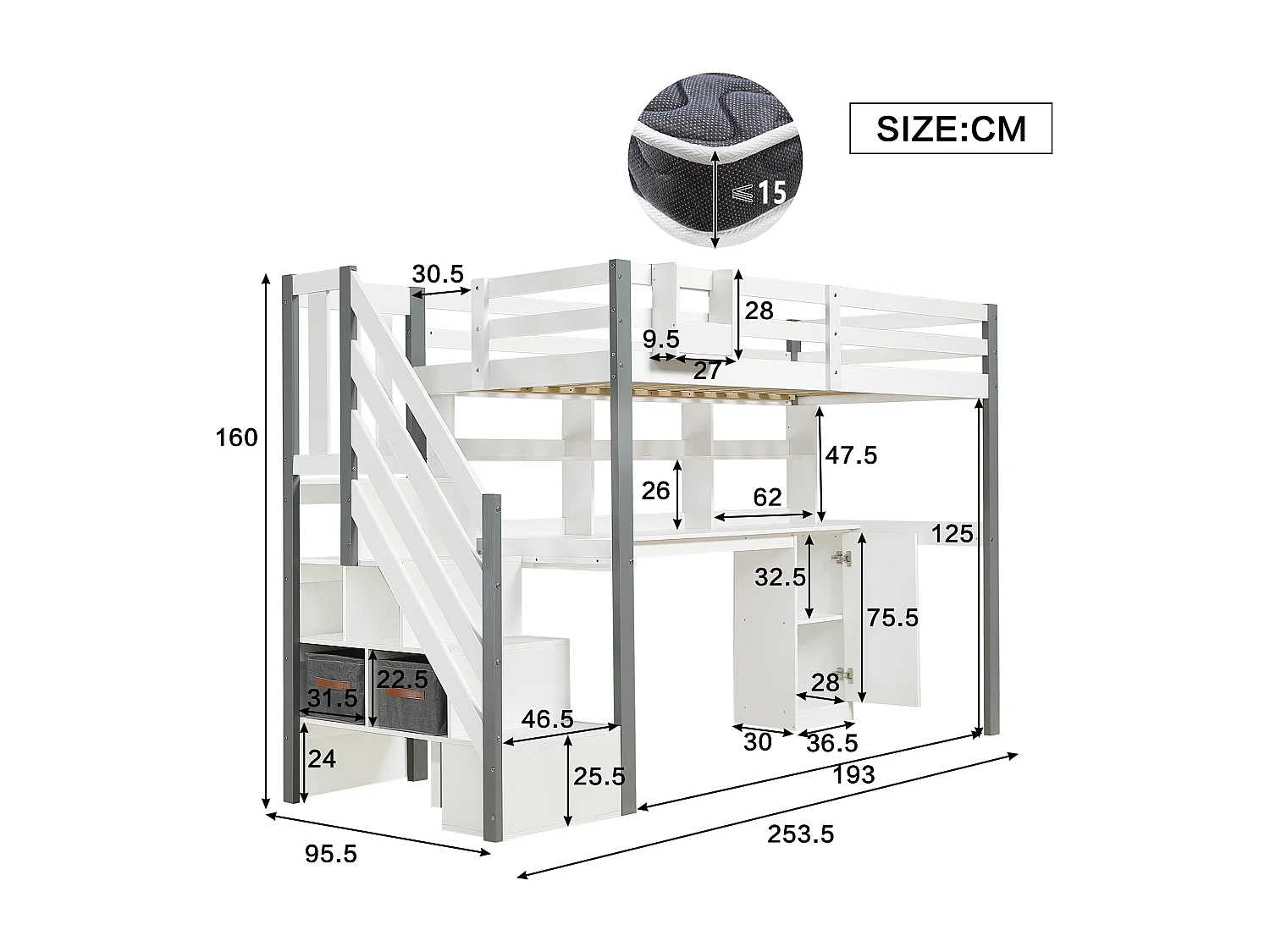 Lit Mezzanine Enfant 90x200 cm, Mezzanine escalier avec échelle latérale, étagère Ouverte, Blanc