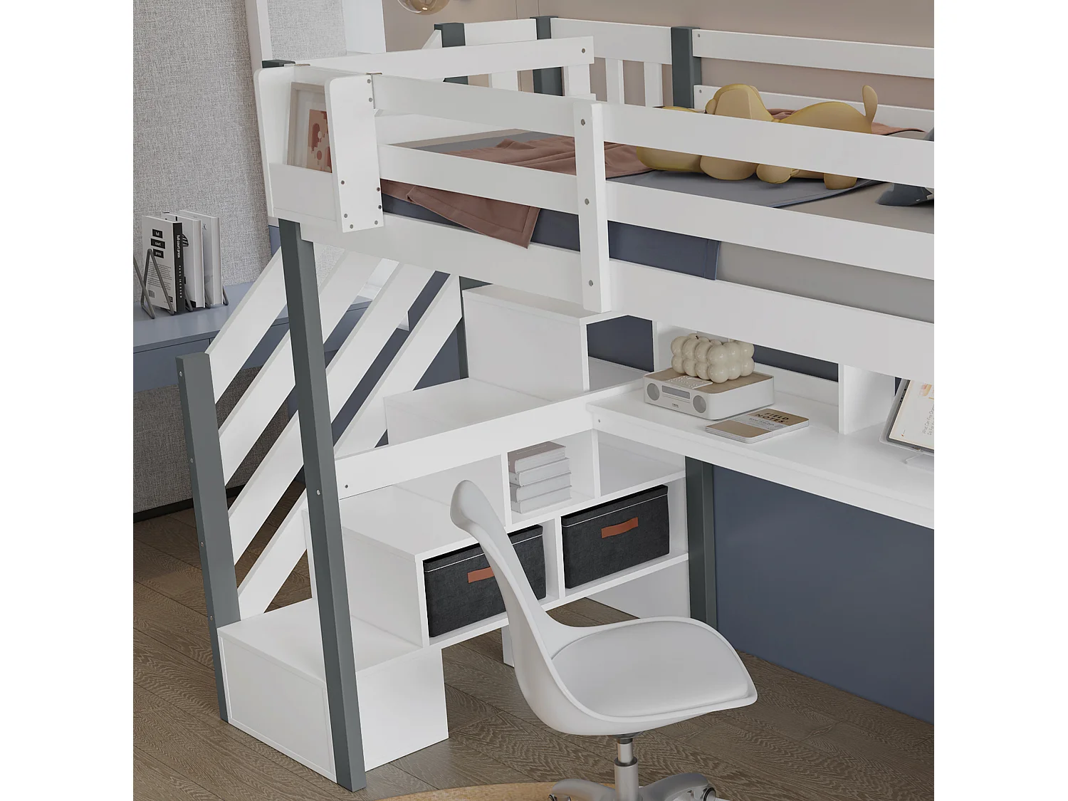 Lit Mezzanine Enfant 90x200 cm, Mezzanine escalier avec échelle latérale, étagère Ouverte, Blanc