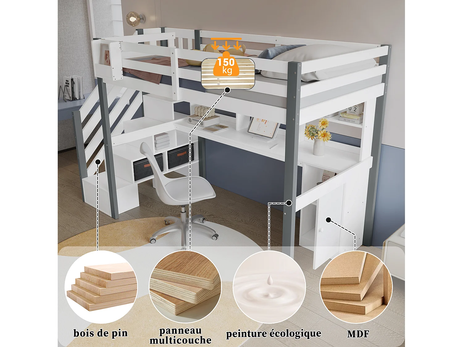 Lit Mezzanine Enfant 90x200 cm, Mezzanine escalier avec échelle latérale, étagère Ouverte, Blanc
