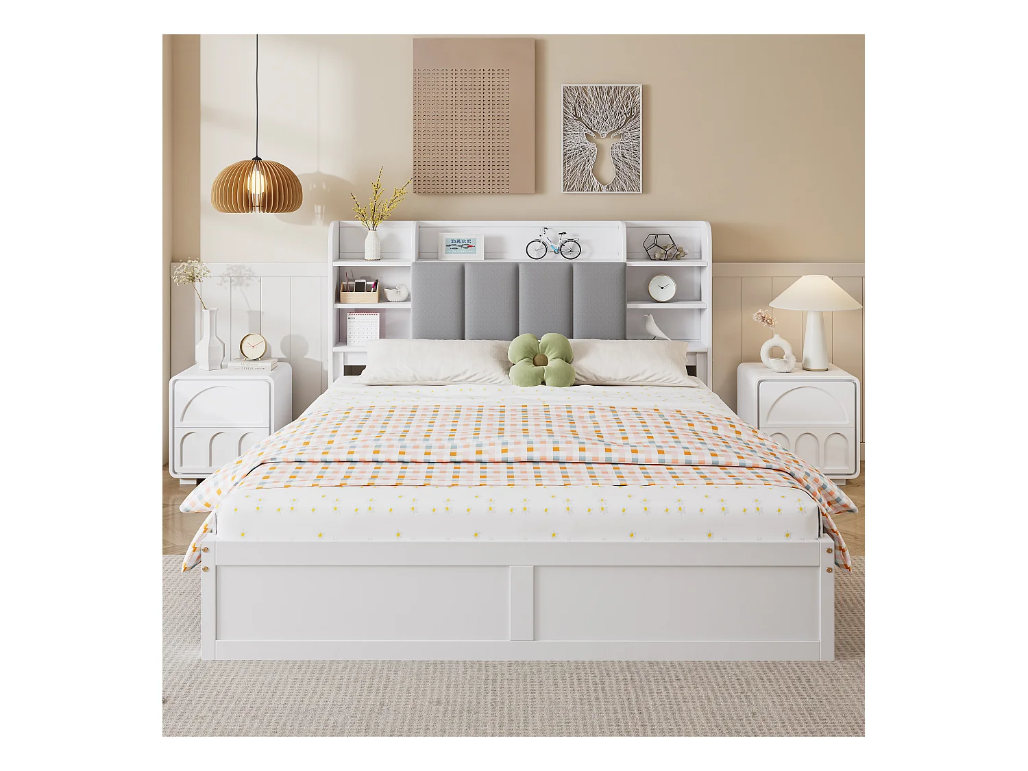 Tweepersoonsbed 160x200 cm met open planken, opbergbed met drie lades op wielen, wit